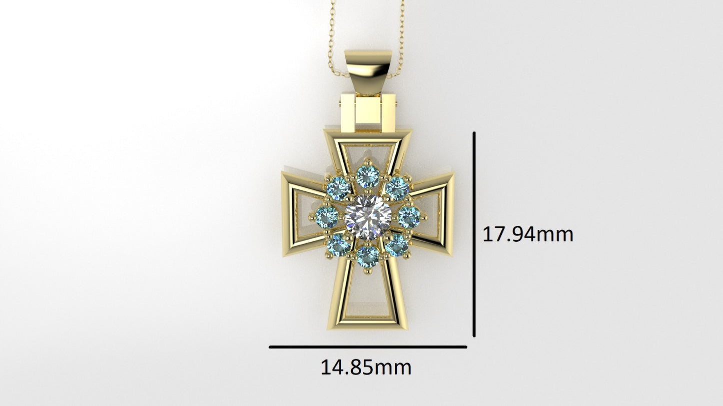 14K Pendant with 1 Moissanite 4mm VS1 and 8 Aquamarine 2mm each, Only Pendant, "Cross Style with Prongs"