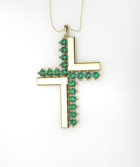 14K Pendant with 18 Emerald 2mm each, Only Pendant, "Cross Style solid gold with Prongs"