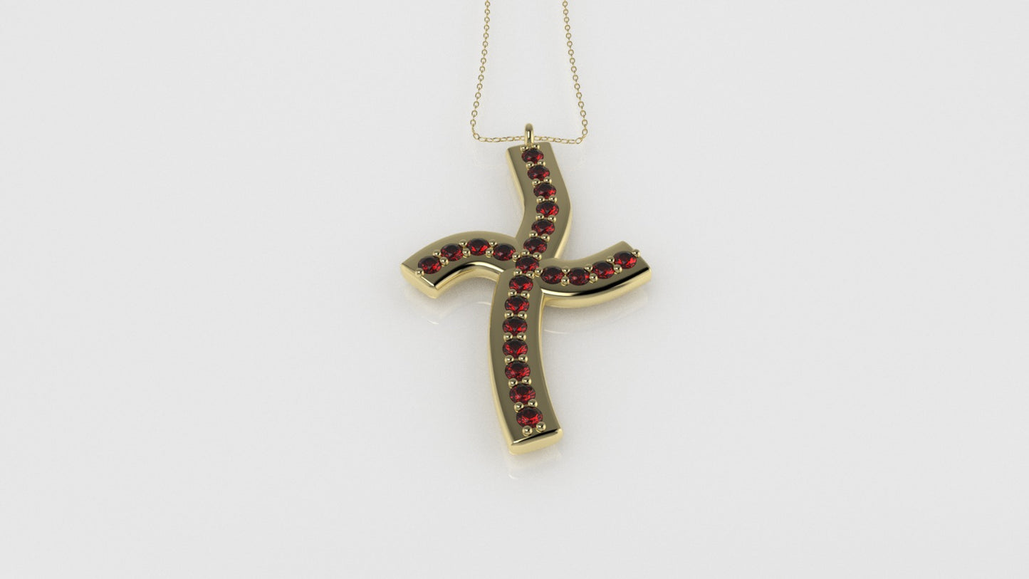 14K Pendant with 22 Ruby 1.3mm each, Only Pendant, "Curved Cross Style"