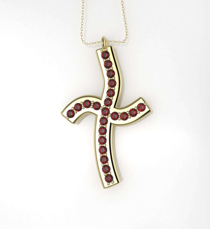 14K Pendant with 22 Ruby 1.3mm each, Only Pendant, "Curved Cross Style"