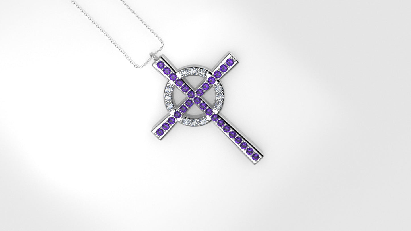 14K Pendant with 29 Amethyst 1.2mm each and 12 Moissanite 1.2mm VS1 each, Only Pendant, "CROSS AND CIRCLE"