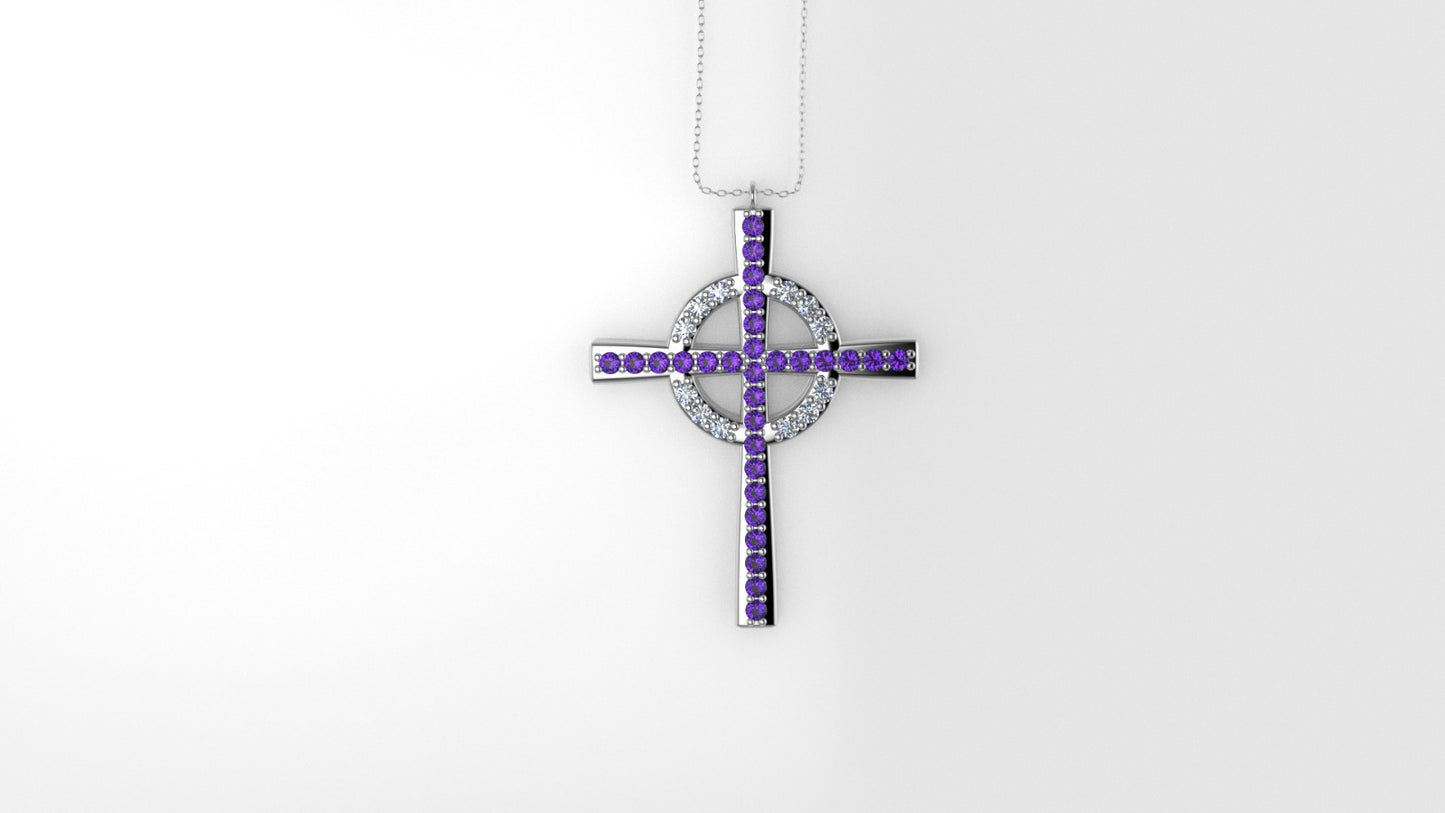 14K Pendant with 29 Amethyst 1.2mm each and 12 Moissanite 1.2mm VS1 each, Only Pendant, "CROSS AND CIRCLE"