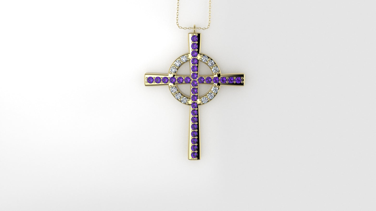 14K Pendant with 29 Amethyst 1.2mm each and 12 Moissanite 1.2mm VS1 each, Only Pendant, "CROSS AND CIRCLE"