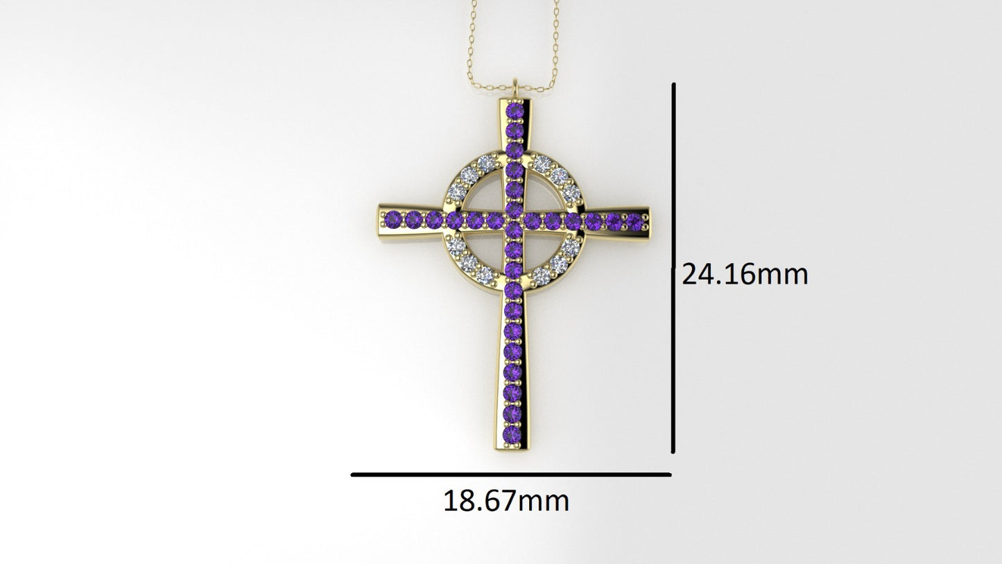 14K Pendant with 29 Amethyst 1.2mm each and 12 Moissanite 1.2mm VS1 each, Only Pendant, "CROSS AND CIRCLE"