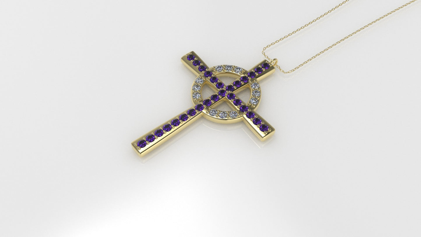 14K Pendant with 29 Amethyst 1.2mm each and 12 Moissanite 1.2mm VS1 each, Only Pendant, "CROSS AND CIRCLE"