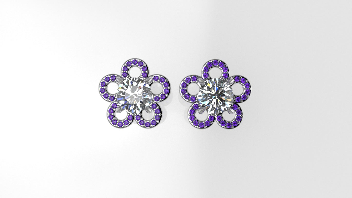 Yellow Gold Earrings with 2 MOISSANITE 6.5mm VS1 each and 66 AMETHYST 1mm each, "flower with 5 petals"