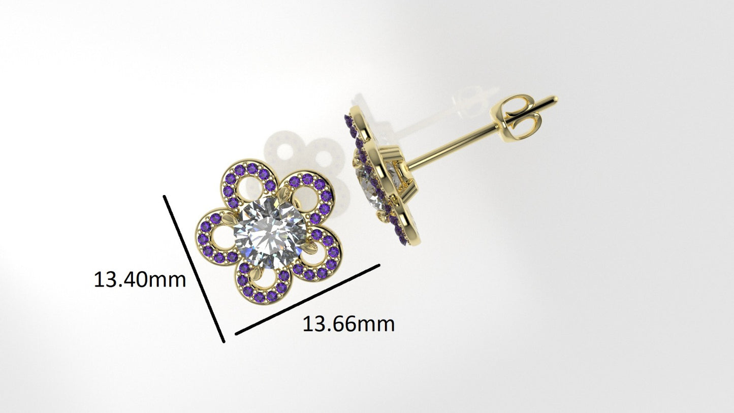 Yellow Gold Earrings with 2 MOISSANITE 6.5mm VS1 each and 66 AMETHYST 1mm each, "flower with 5 petals"