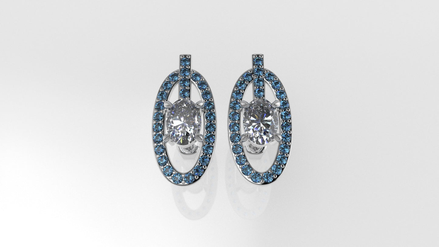 Gold Earrings with 2 MOISSANITE VS1 and 52 BLUE TOPAZ, "OVAL"