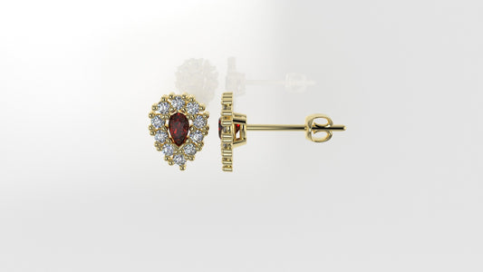 Gold Push Back Earrings with 20 DIAMOND VS1 and 2 RUBY PEAR