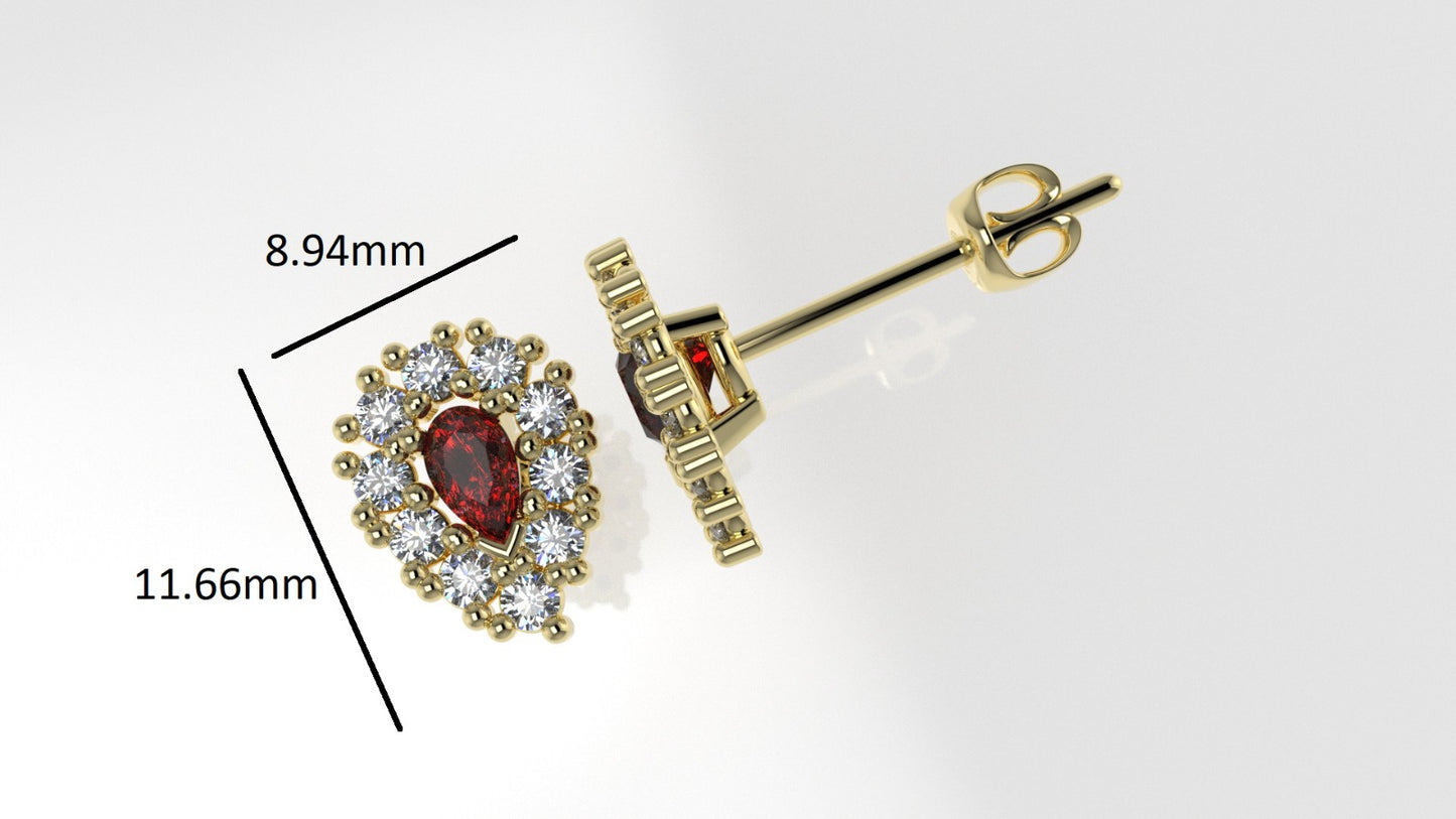 Gold Push Back Earrings with 20 MOISSANITE VS1 and 2 RUBY PEAR