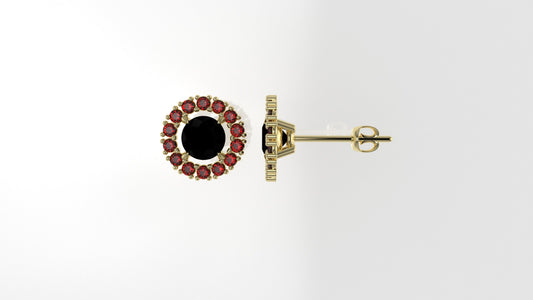 14k Push Back Earrings with 2 BLACK STONE 2mm each and 28 RUBY 2mm each, "circle with 4 Prongs"