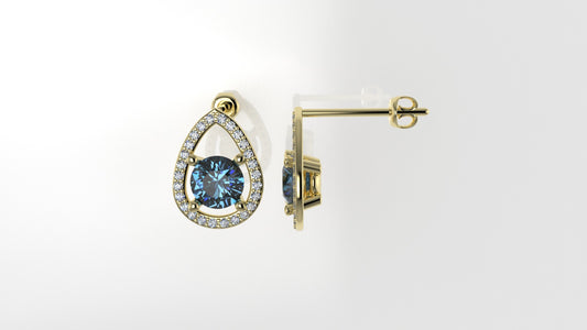 Gold Earrings with 2 BLUE TOPAZ 6.5mm each and 52 DIAMOND 1.2mm VS1 each, "stt Prongs"