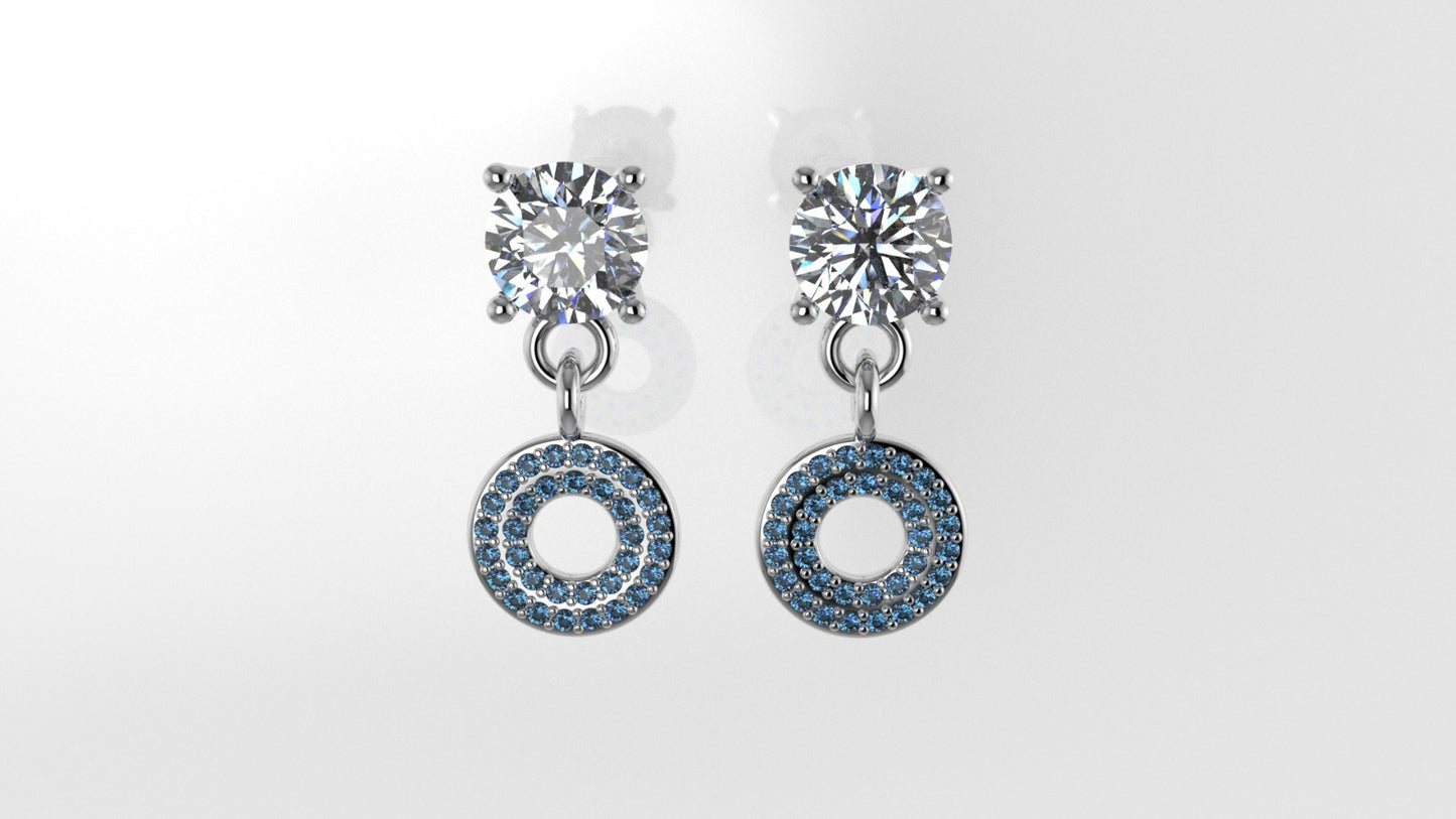 14k Push Back Earrings with 2 MOISSANITE VS1 and 66 BLUE TOPAZ, "STT: Prongs"