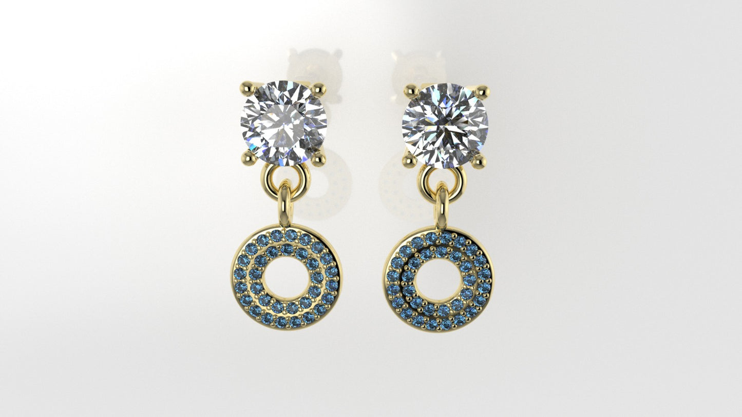 14k Push Back Earrings with 2 MOISSANITE VS1 and 66 BLUE TOPAZ, "STT: Prongs"