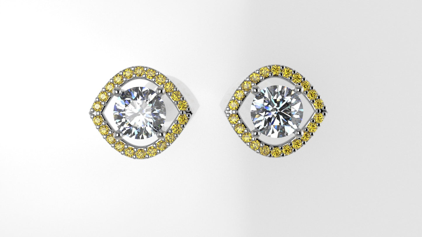 GOLD Earrings with 2 MOISSANITE 6.5mm VS1 each  and 44 YELLOW TOPAZ 1.3mm each, stt "PRONGS"