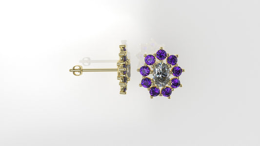 Gold Push Bag Earrings with 2 DIAMOND VS1 and 18 AMETHYST, "Flower style, Stt Prongs"