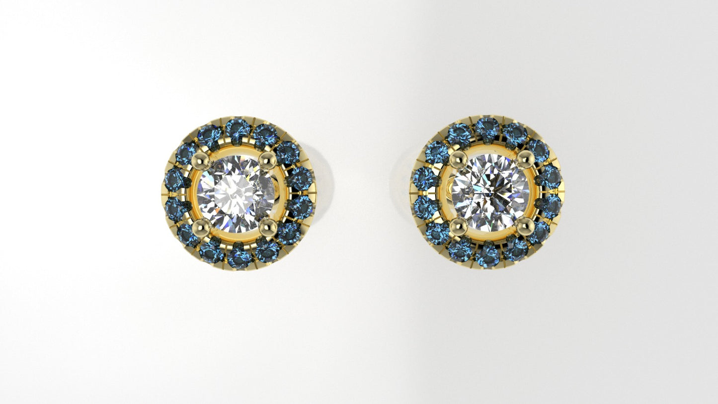 14k Yellow Gold Earrings with 2 MOISSANITE 4mm VS1 each and 28 BLUE TOPAZ 1.3mm, "Cut Split and Stt: Prong"