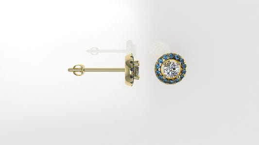 14k Yellow Gold Earrings with 2 DIAMOND 4mm VS1 each and 28 BLUE TOPAZ 1.3mm, "Cut Split and Stt: Prong"