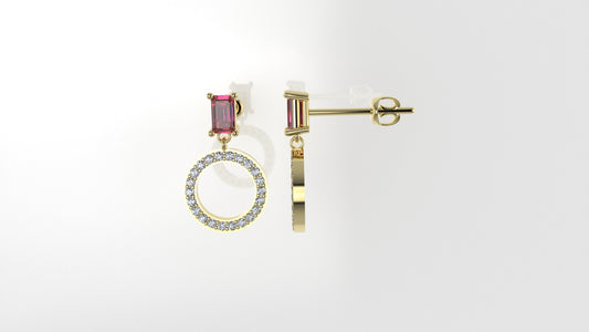 14k Earrings with 44 DIAMOND VS1 and 2 PINK TOURMALINE GENUINE, "Stone rectangular and round, Stt: Prongs"