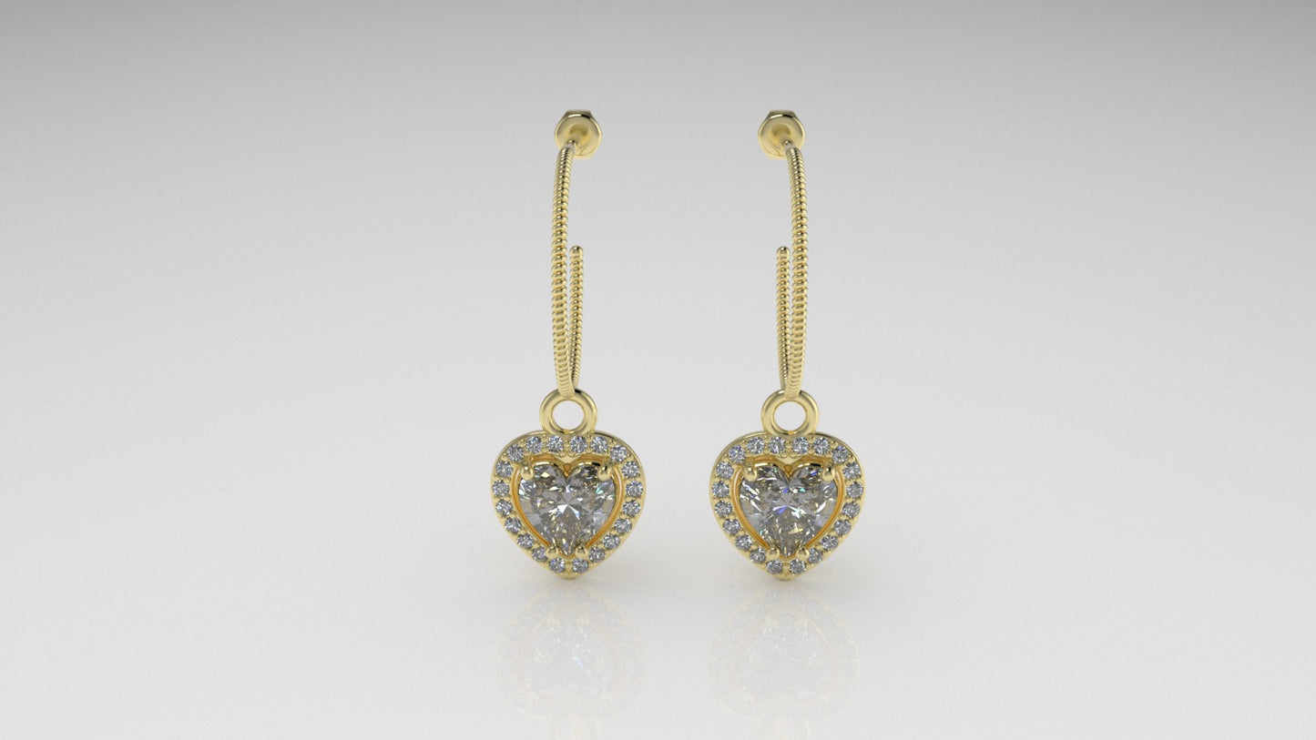 14k Gold Push Back Earrings with 42 MOISSANITE VS1, "Stone Heart and Round" "Stt: Prongs"