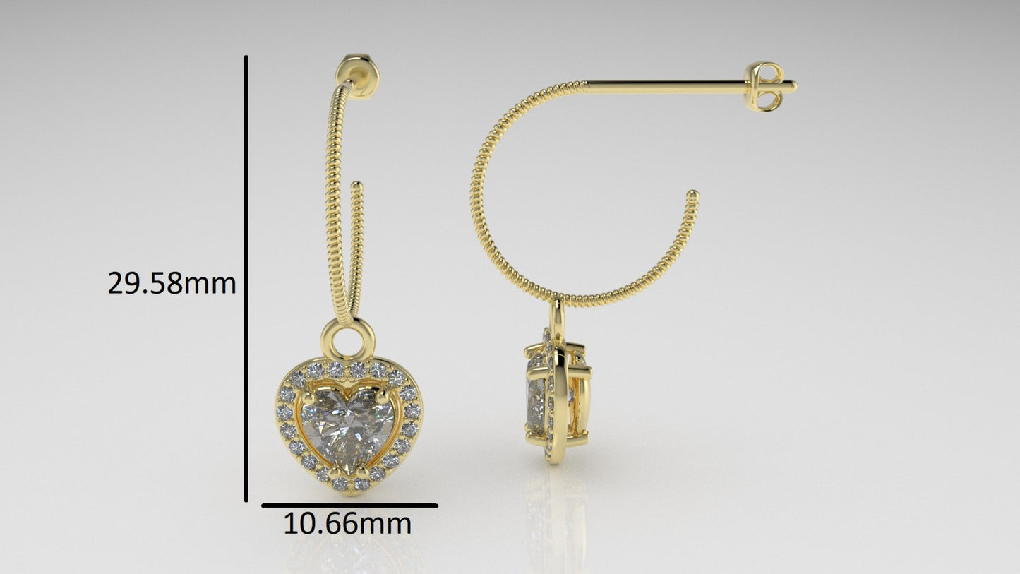 14k Gold Push Back Earrings with 42 MOISSANITE VS1, "Stone Heart and Round" "Stt: Prongs"