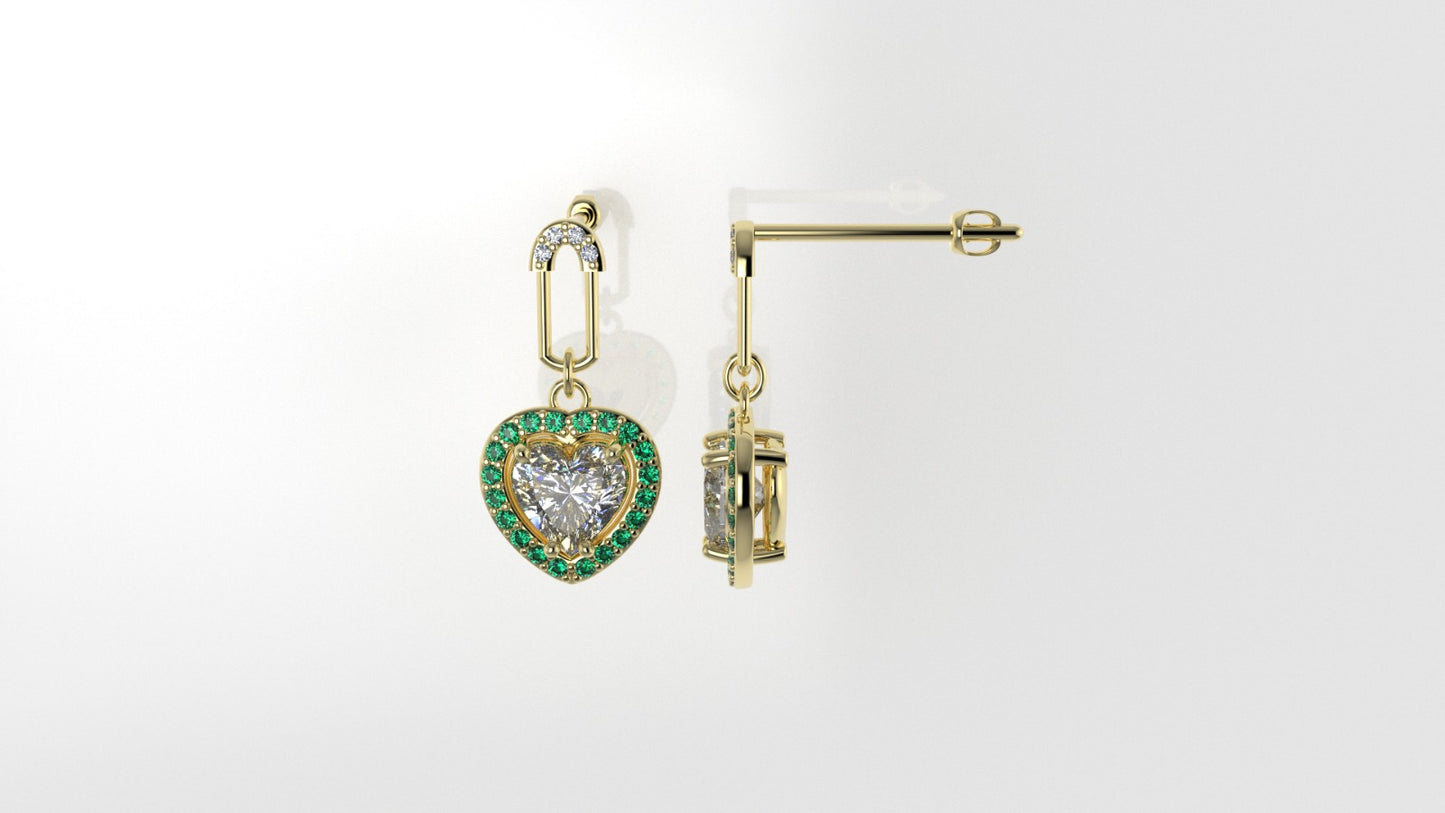 Yellow Gold Earrings with 10 MOISSANITE  VS1, 40 EMERALD, "Stt: Prongs" "Stone Heart and Round"