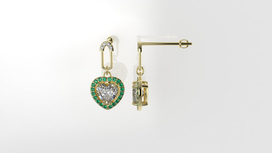 Yellow Gold Earrings with 10 DIAMOND VS1, 40 EMERALD, "Stt: Prongs" "Stone Heart and Round"