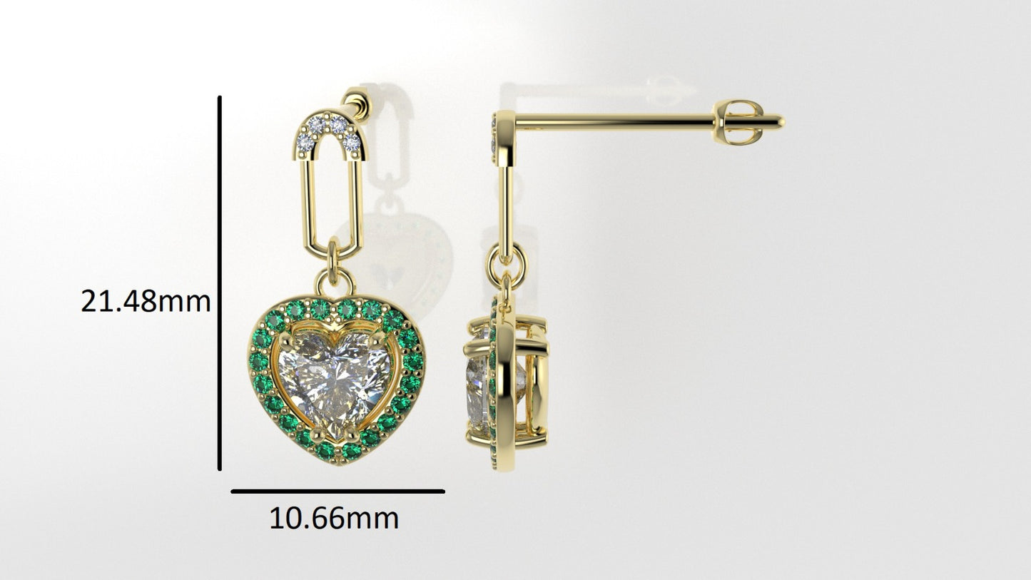Yellow Gold Earrings with 10 MOISSANITE  VS1, 40 EMERALD, "Stt: Prongs" "Stone Heart and Round"