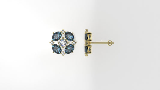 Gold Earrings with 10 DIAMOND VS1, 8 BLUE TOPAZ, "Stt: Prongs" "Push Back"