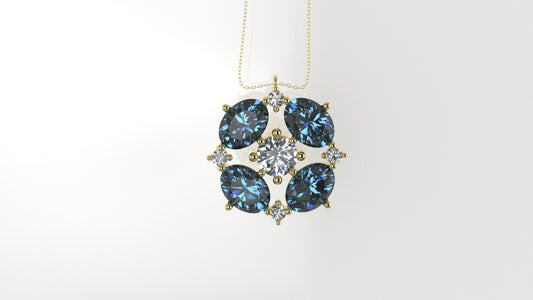 14K Pendant with 5 MOISSANITE VS1, 4 OVAL BLUE TOPAZ and, Only Pendant