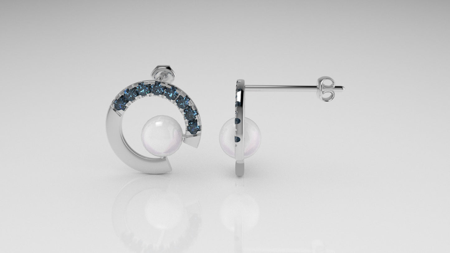 14k Push Back Earrings with 2 PEARL 6.5mm and 16 BLUE TOPAZ 2mm, "Cut Split"