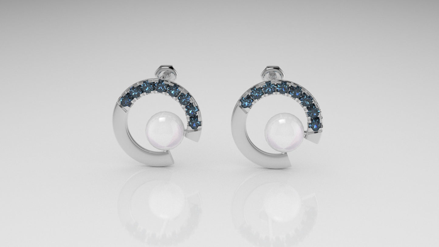 14k Push Back Earrings with 2 PEARL 6.5mm and 16 BLUE TOPAZ 2mm, "Cut Split"