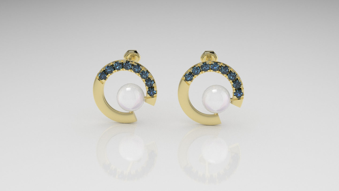 14k Push Back Earrings with 2 PEARL 6.5mm and 16 BLUE TOPAZ 2mm, "Cut Split"