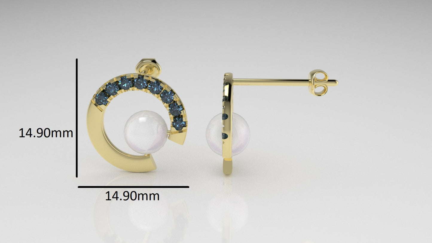 14k Push Back Earrings with 2 PEARL 6.5mm and 16 BLUE TOPAZ 2mm, "Cut Split"