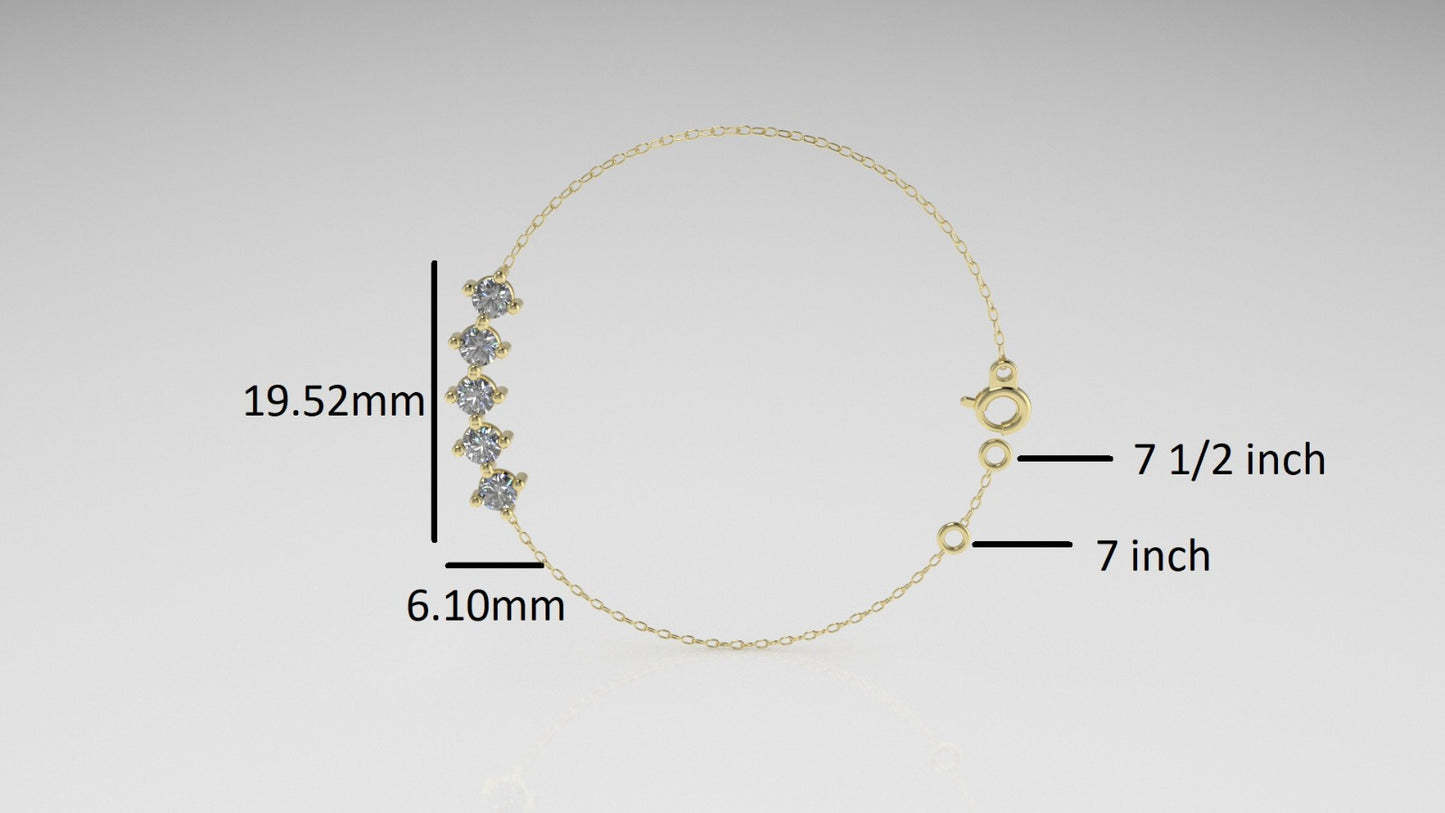 14k Bracelet with 5 MOISSANITE 3mm VS1, "Prongs"