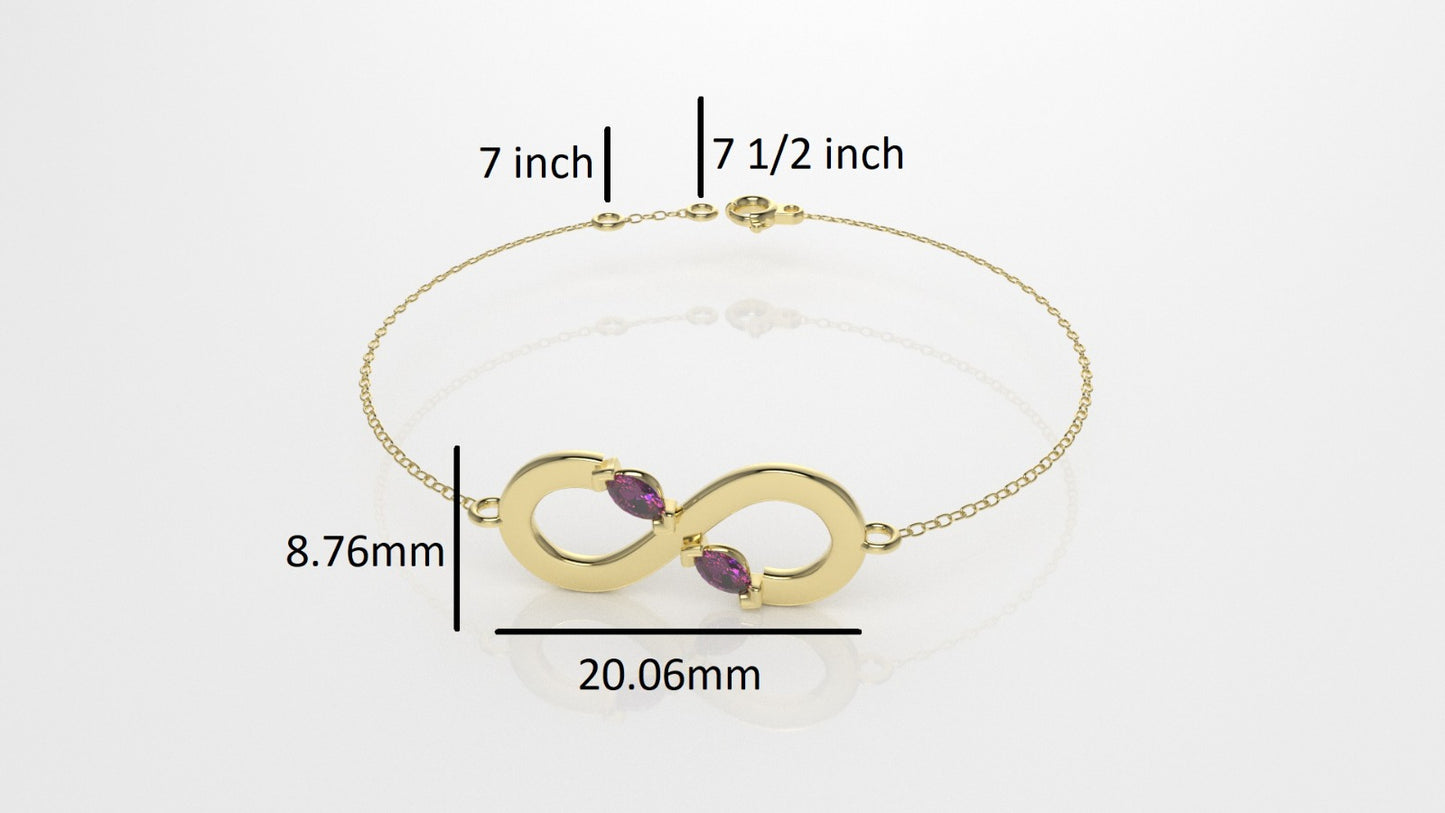 14k Bracelet with 2 MARQUISE STONE, color TOURMALINE PINK, infinity style