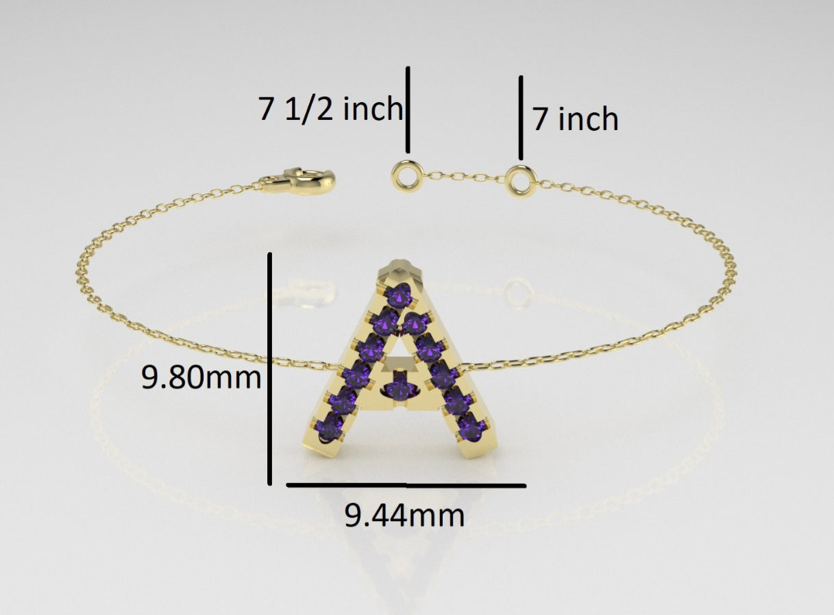14k Bracelet with 12 AMETHYST 1.3mm each, initial "A"