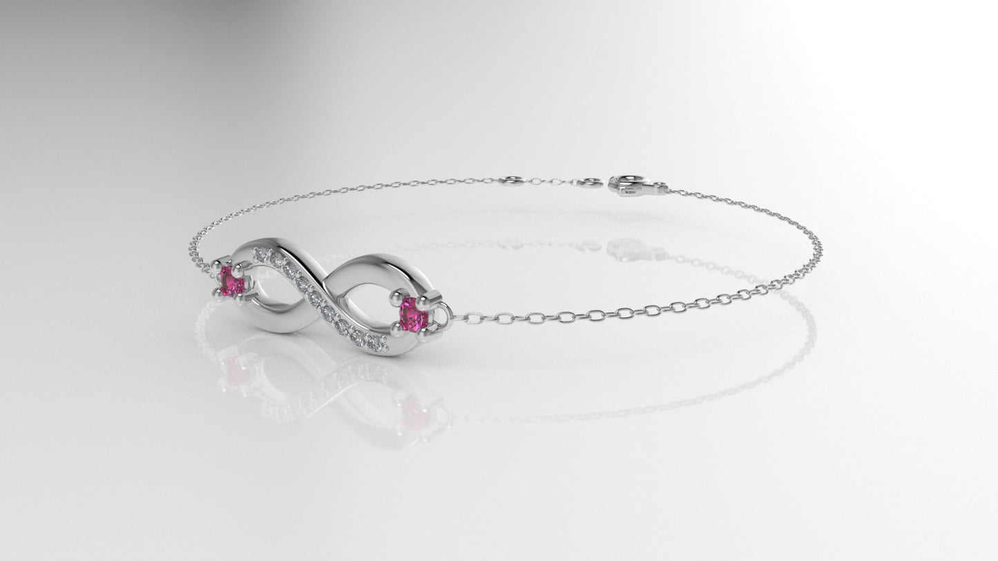 14K Bracelet with 9 MOISSANITE and 2 RUBY, infinity style