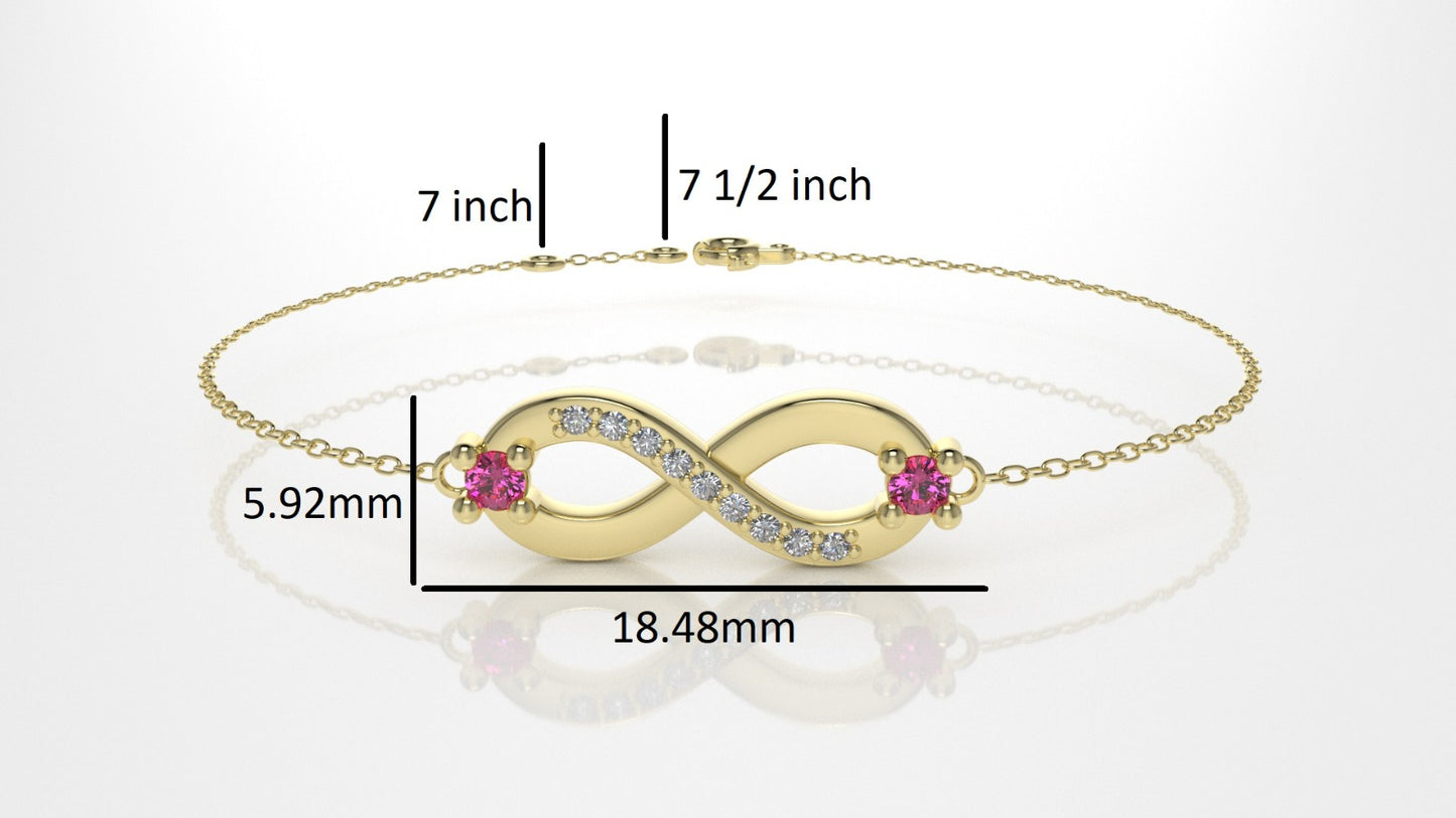 14K Bracelet with 9 MOISSANITE and 2 RUBY, infinity style