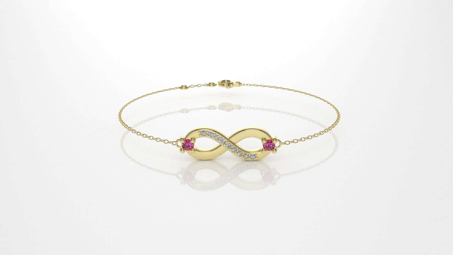 14K Bracelet with 9 MOISSANITE and 2 RUBY, infinity style