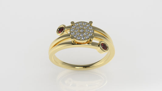 14K Engagement Ring with 23 MOISSANITE VS1 and 2 RUBY, "stt prong" "stt bezel"