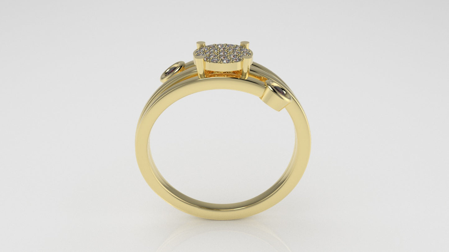 14K Engagement Ring with 23 MOISSANITE VS1 and 2 RUBY, "stt prong" "stt bezel"