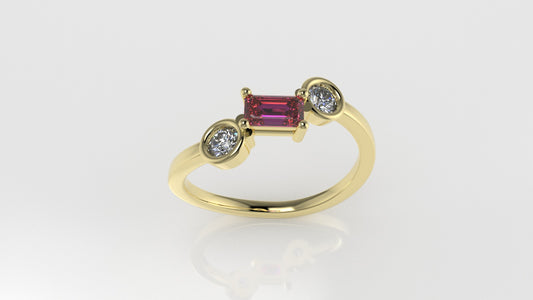 14K Yellow Gold Ring with MOISSANITE VS1 and TOURMALINE PINK, "stt prong" "stt bezel"