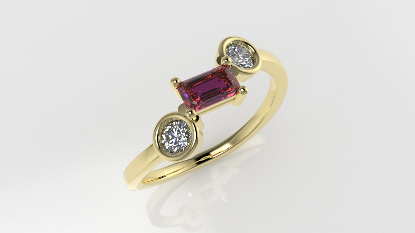 14K Yellow Gold Ring with MOISSANITE VS1 and TOURMALINE PINK, "stt prong" "stt bezel"