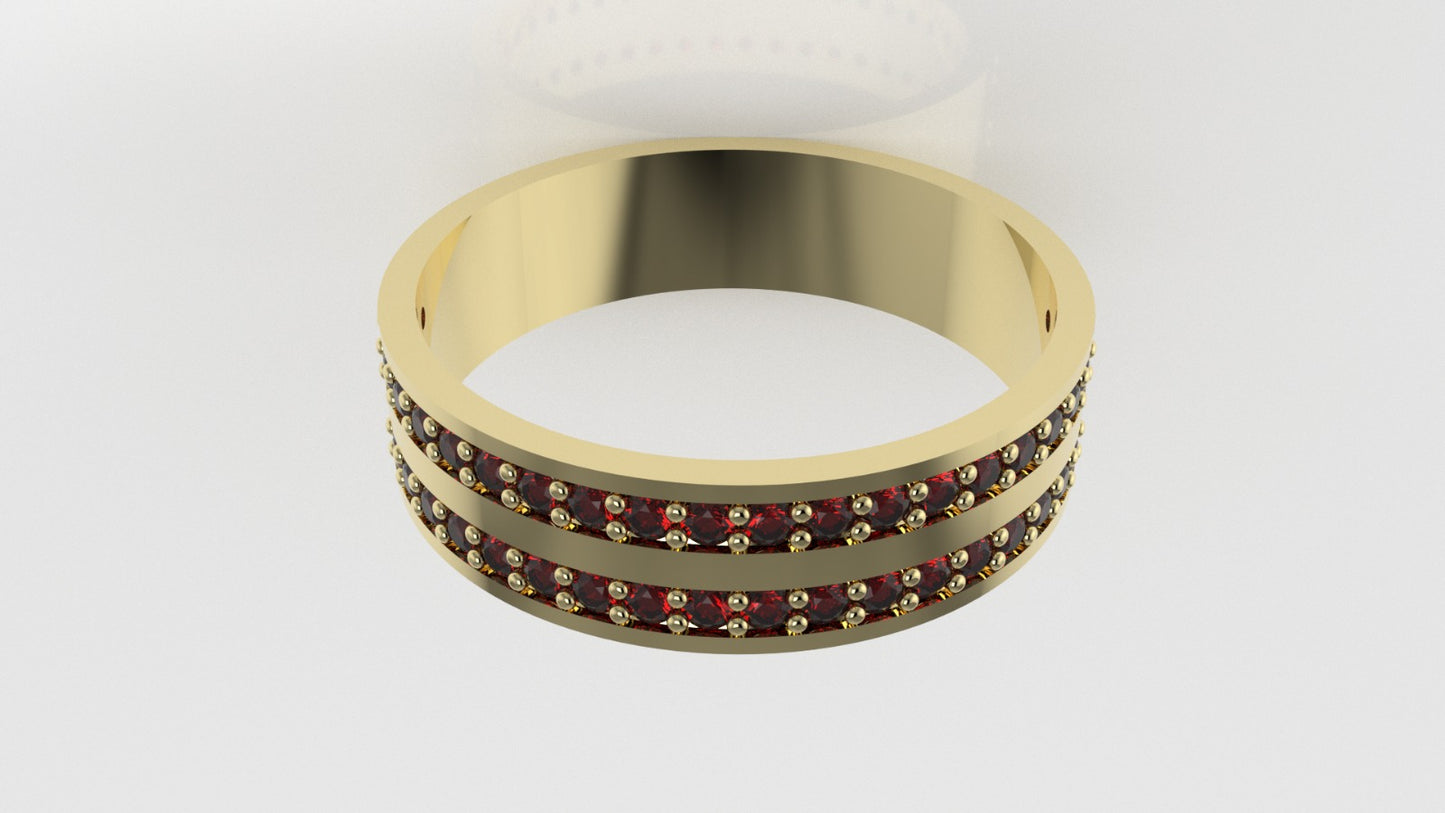 14K gold band Ring with 44 RUBY 1.3mm each, "stt prong" "cut chanel"