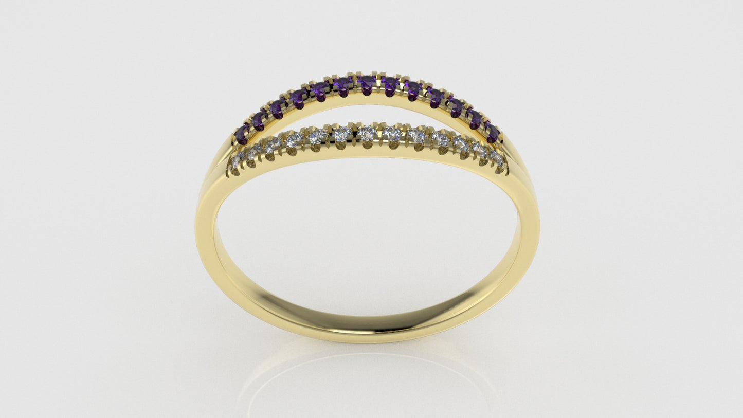 14K yellow gold band Ring with 13 MOISSANITE 1mm VS1 each and 13 AMETHYST 1mm each, "cut split"