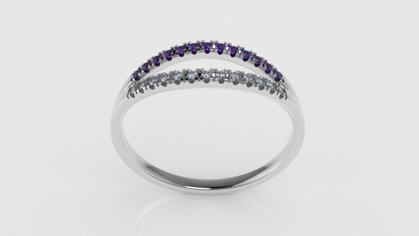 14K yellow gold band Ring with 13 MOISSANITE 1mm VS1 each and 13 AMETHYST 1mm each, "cut split"