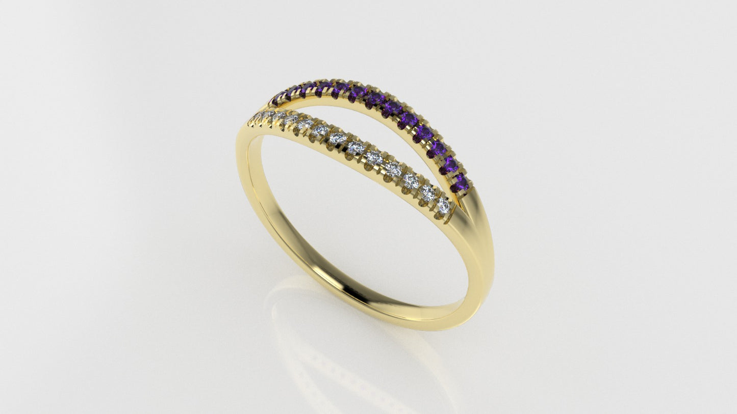 14K yellow gold band Ring with 13 MOISSANITE 1mm VS1 each and 13 AMETHYST 1mm each, "cut split"