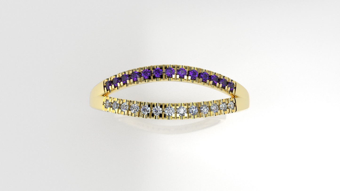 14K yellow gold band Ring with 13 MOISSANITE 1mm VS1 each and 13 AMETHYST 1mm each, "cut split"