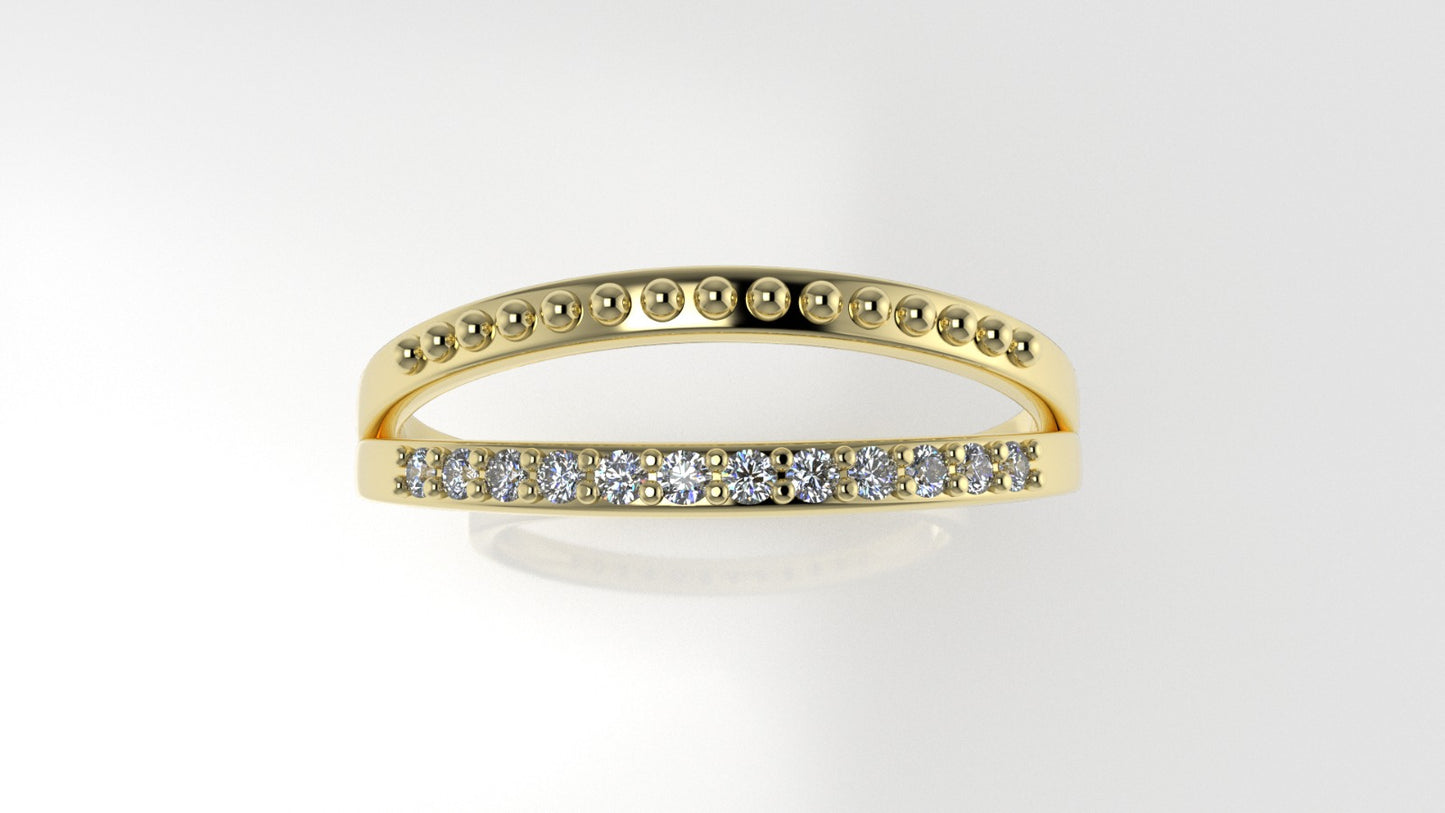 14K yellow gold Ring with 12 MOISSANITE 1.2mm each, stt prong, "Miligrane"